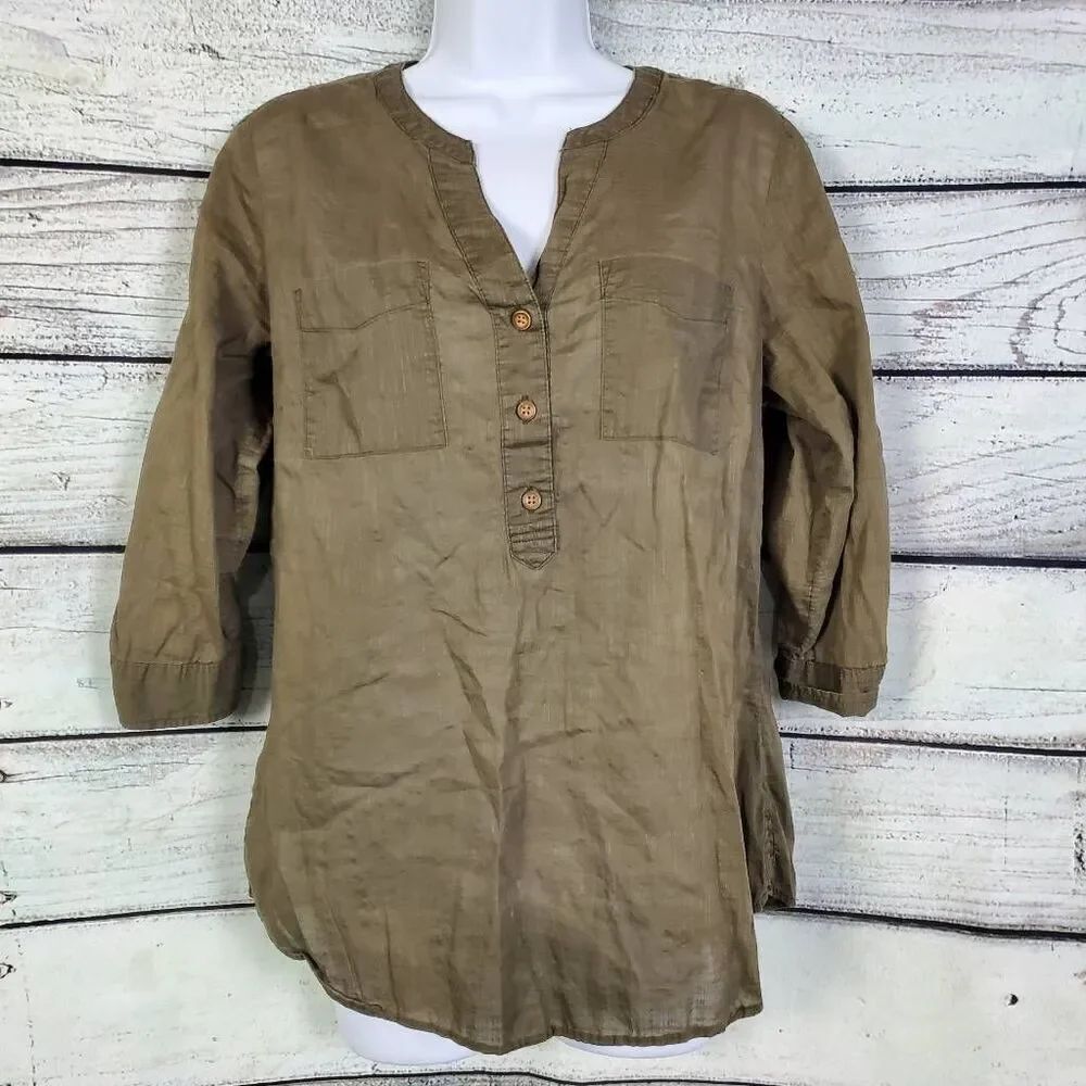 Croft & Barrow Women’s M 100% Cotton Linen Look Olive Green Button Front Top